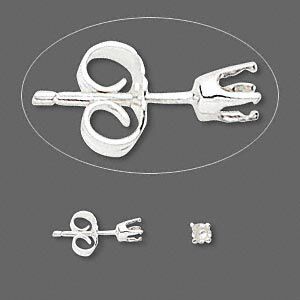 Earstud 1pkg2 Sure-Set™ sterling silver, 3mm round pre-notched 4-prong setting / earnuts, 1 pair
