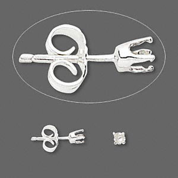 Earstud, Sure-Set™, sterling silver, 3mm 4-prong round setting. Sold per pair. image number 0