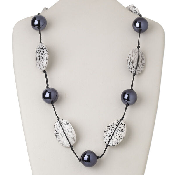 Necklace, acrylic / waxed cotton cord / silver-finished steel, black / white / blue, oval, 27 inches with 2-inch extender chain and lobster claw clasp. Sold individually. image number 0