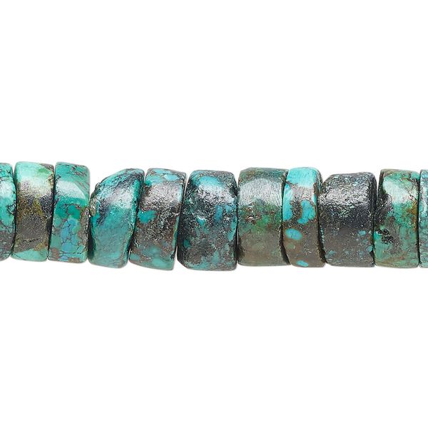 Bead, turquoise (dyed / stabilized), blue-green, 12x4mm-14x6mm heishi, D grade, Mohs hardness 5 to 6. Sold per 15" to 16" strand. image number 0