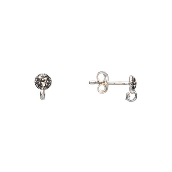 Marcasite / sterling silver 1pkg2, round earstud / open loop / earnut natural 4mm image number 0