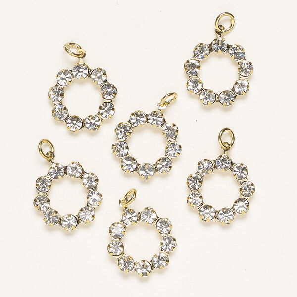 Drop, brass and glass, pkg/6, 19mm open round, gold finish and clear. image number 0
