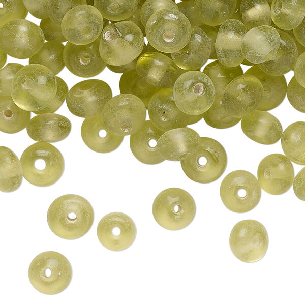 Bead, lampworked glass, translucent yellow-green, 6x4mm-7x5mm rondelle. Sold per 2-ounce pkg, approximately 265 beads. image number 0