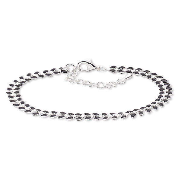 Bracelet, epoxy and silver-plated brass, black, 6.5mm wide with wreath design, 7-1/2 inches with 2-inch extender chain and lobster claw clasp. Sold individually. image number 0