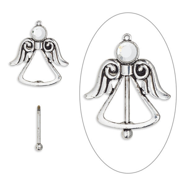 Focal, bead pin, glass rhinestone / antique silver-finished brass / "pewter" (zinc-based alloy), clear, 44.5mm single-sided angel with twist-off top, 24mm beadable length. Sold individually. image number 0