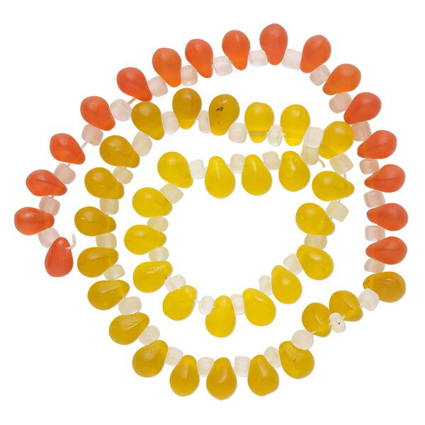 Bead, glass, translucent matte orange, light yellow and yellow, 8x6mm top-drilled teardrop with irregular rondelles. Sold per 14-inch strand. image number 0