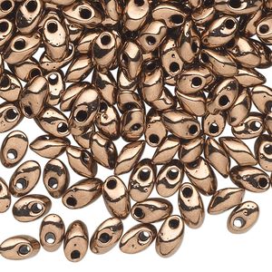 Seed bead, Miyuki, glass, pkg/250g, 7x4mm long magatama, opaque metallic antique gold (LMA-457).