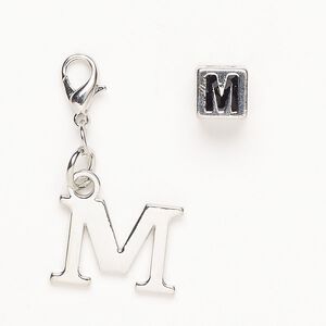Charm 1pkg2 "pewter" (zinc-based alloy) / steel / enamel, 17x12mm "M" / 7mm cube /lobster claw clasp antique silver finish / black