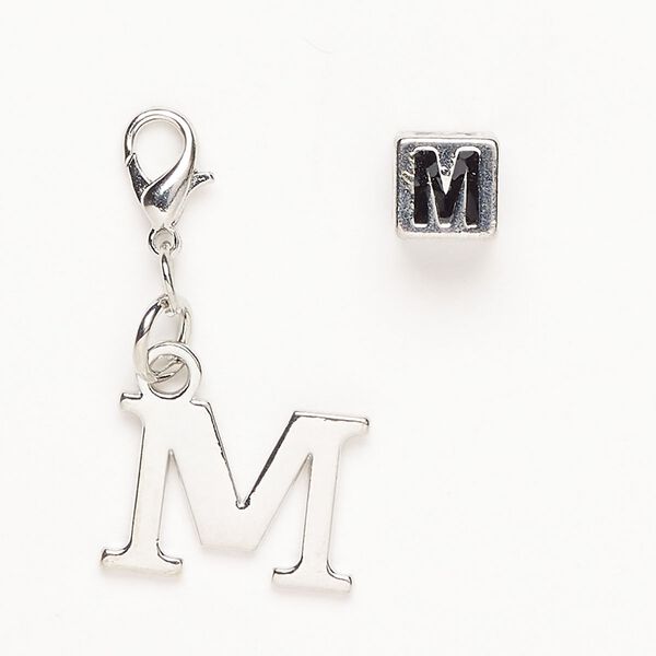 Charm 1pkg2 "pewter" (zinc-based alloy) / steel / enamel, 17x12mm "M" / 7mm cube /lobster claw clasp antique silver finish / black image number 0