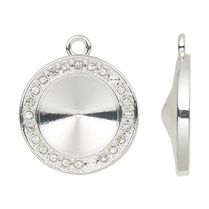 Drop, Almost Instant Jewelry®, cubic zirconia and silver-finished "pewter" (zinc-based alloy), clear, 22mm single-sided round with 14mm rivoli glue-in setting. Sold per pkg of 2.