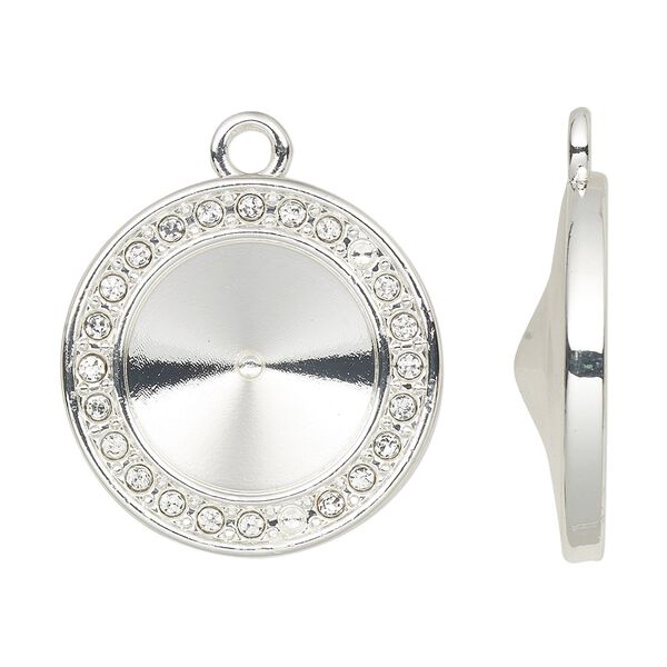 Drop, Almost Instant Jewelry®, cubic zirconia and silver-finished "pewter" (zinc-based alloy), clear, 22mm single-sided round with 14mm rivoli glue-in setting. Sold per pkg of 2. image number 0