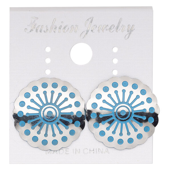 Earstud, stainless steel, blue patina, 20mm round with sun design. Sold per pair. image number 0