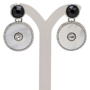 Earring, mother-of-pearl shell (bleached) / acrylic / glass rhinestone / antique silver-plated "pewter" (zinc-based alloy), white / black / clear, 32mm with flat round. Sold per pair.