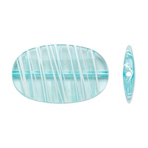 Bead, acrylic, semitransparent blue and white, 45x27mm flat oval with painted line design. Sold per pkg of 20.
