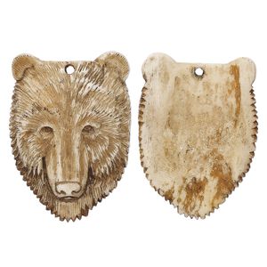 Focal, antiqued bone (dyed), 45x32mm hand-carved single-sided domed bear face, Mohs hardness 2-1/2. Sold individually.