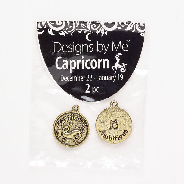 "Pewter" (zinc-based alloy) / enamel 1pkg2, 2-sided round charm / Capricorn / "Ambitious" antique gold finish / black 18mm image number 0