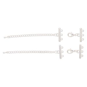 End bar, silver-finished steel and "pewter" (zinc-based alloy), 25x3mm with 3 loop and 3-inch extender chain with lobster claw clasp. Sold per pkg of 2.