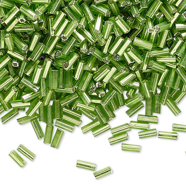 Bugle bead, vintage Japanese glass, silver-lined green, #2 with square hole. Sold per 1/2 kilogram pkg. image number 0