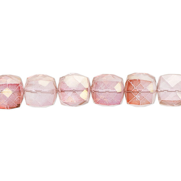 Bead, quartz crystal (coated), light to dark pink and peach, 7x6mm-8mm hand-cut faceted cube, B grade, Mohs hardness 7. Sold per 7-inch strand, approximately 25 beads. image number 0