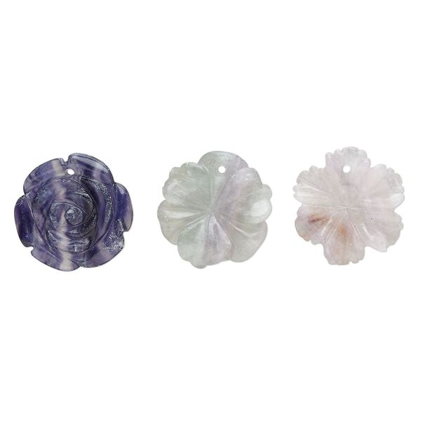 Rainbow fluorite / purple fluorite 1pkg3, top-drilled carved flower drop natural mix 24x21mm-26x30mm image number 0