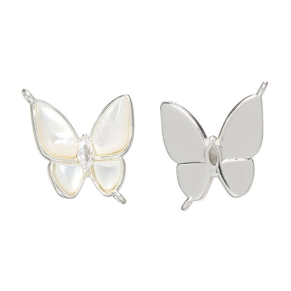 Link 1pkg1 brass / mother-of-pearl shell / glass rhinestone, 16mm butterfly, bleached silver finish / white / clear image number 0