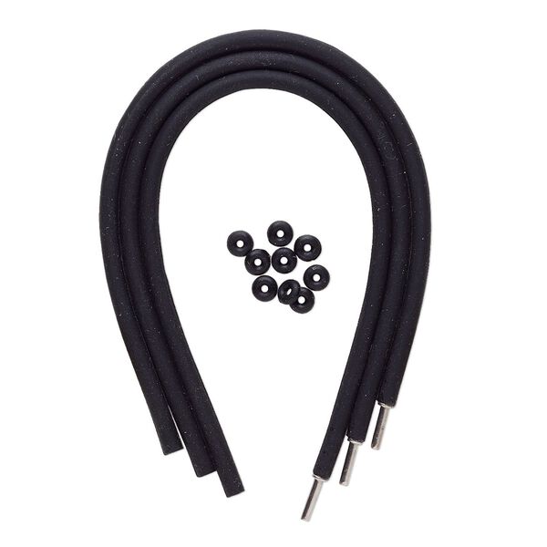 Bracelet cord, silicone and stainless steel, black, 4mm round, 7-1/2 inches with pop-style clasp. Sold per pkg of 3. image number 0