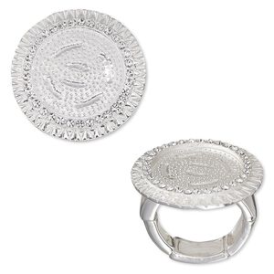 Ring, stretch, crystals and silver-plated "pewter" (zinc-based alloy), crystal clear, 27mm wide textured band with 18mm round setting, size 7-8. Sold individually.