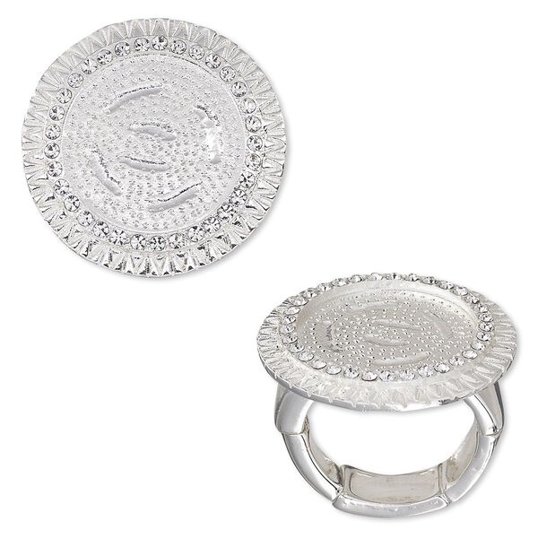 Ring, stretch, crystals and silver-plated "pewter" (zinc-based alloy), crystal clear, 27mm wide textured band with 18mm round setting, size 7-8. Sold individually. image number 0