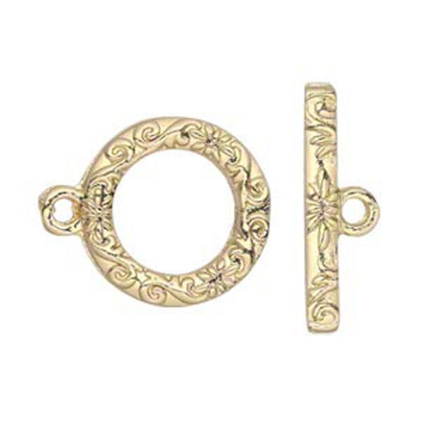 Clasp, toggle, gold-finished "pewter" (zinc-based alloy), 17mm single-sided round with vine and flower design. Sold per pkg of 8. image number 0