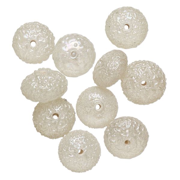 Bead, lampworked glass, translucent clear AB, 15x8mm textured rondelle. Sold per pkg of 10. image number 0