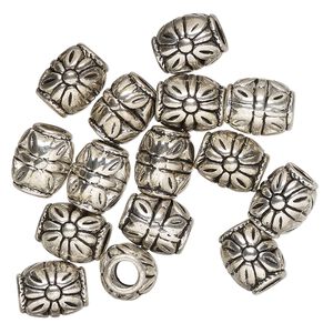 Bead, antique silver-finished "pewter" (zinc-based alloy), 10x9mm barrel. Sold per pkg of 15.