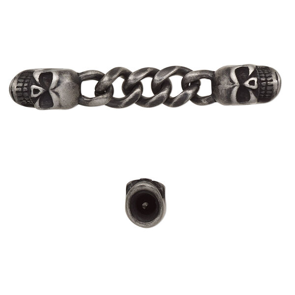 Focal, stainless steel, black, 60x9mm with 15x9mm skull and 9mm curb chain with 2 glue-in cord ends, 3.5mm inside diameter. Sold individually. image number 0