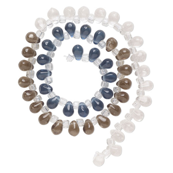 Bead, glass, transparent clear, dark blue, and smoke, 8x6mm top-drilled teardrop with irregular rondelles. Sold per 14-inch strand. image number 0