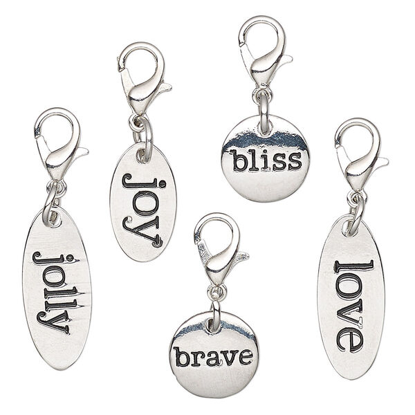 Drop, Charmed, enamel and imitation rhodium-finished "pewter" (zinc-based alloy), black, 12mm-22.5x9mm assorted shape with affirmation / 6mm jump ring / lobster claw clasp. Sold per 5-piece set. image number 0