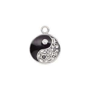 Charm, antiqued sterling silver / cubic zirconia / enamel, black and clear, 15mm single-sided domed round with yin-yang design and cutout fancy flower. Sold individually.