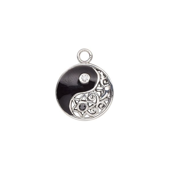 Charm, antiqued sterling silver / cubic zirconia / enamel, black and clear, 15mm single-sided domed round with yin-yang design and cutout fancy flower. Sold individually. image number 0