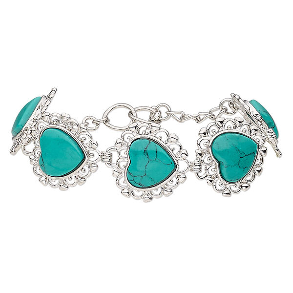 Bracelet, magnesite (dyed / stabilized / coated) with silver-plated brass and steel, turquoise green, 22mm wide with 23x22mm heart, 6 and 6-1/2 inches with toggle clasp. Sold individually. image number 0