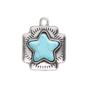 Drop, antique silver-finished "pewter" (zinc-based alloy) and "turquoise" (resin) (imitation), turquoise blue, 22mm single-sided Swiss cross with star. Sold per pkg of 4.