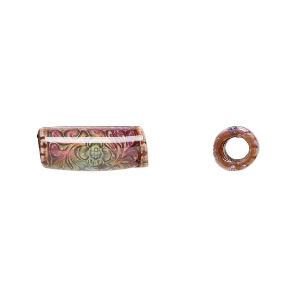 Bead, acrylic, multicolored, 16x7mm color-changing round tube with fancy design. Sold per pkg of 4. image number 0