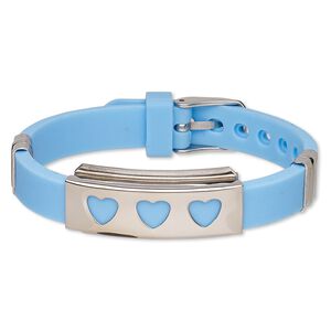 Bracelet, Softique™, silicone and stainless steel, aqua blue, 16mm wide with 39x16mm rectangle and cutout hearts, adjustable from 5-1/2 to 7-1/2 inches with buckle-style closure. Sold individually.