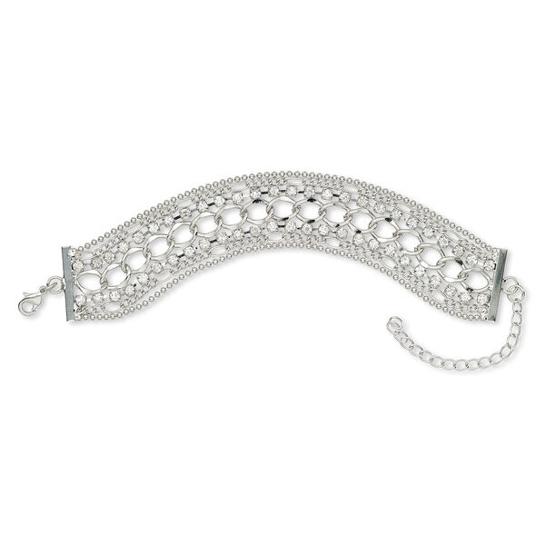 Bracelet, 7-strand, glass rhinestone / silver-plated brass / steel / "pewter" (zinc-based alloy), clear, 26mm wide, 6-1/2 inches with 2-3/4 inch extender chain and lobster claw clasp. Sold individually. image number 0