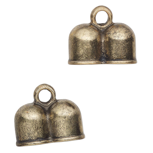 Cord end, glue-in, antique brass-finished "pewter" (zinc-based alloy), 24x14mm double tube, 10mm inside diameter. Sold per pkg of 2. image number 0