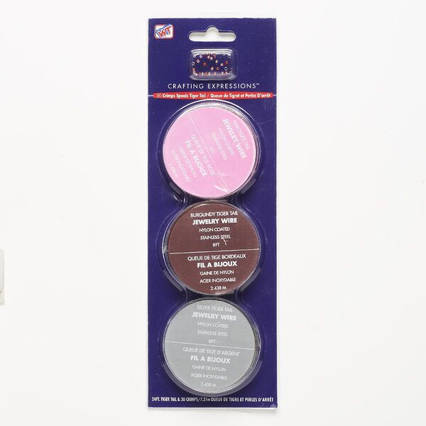 Wire, Westrim®, Tigertail™, nylon-coated stainless steel, pink / burgundy / silver, (3) 0.014-inch 8-foot spools, (30) 2x1mm crimps. Sold per assorted pkg. image number 0