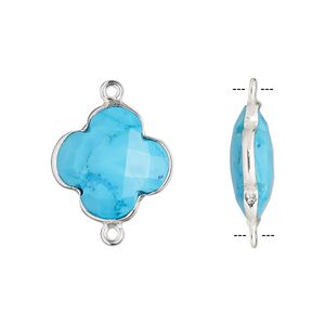 Link, "turquoise" (imitation) resin and sterling silver, blue, 16-17mm hand-cut double-sided faceted clover. Sold individually.