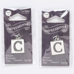 Drop, silver-finished "pewter" (zinc-based alloy) and steel, 16x15mm square with cutout "C." Sold per pkg of 2.