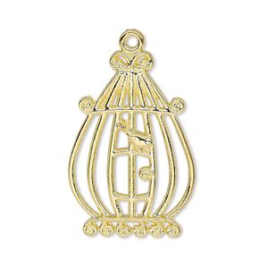 Focal, gold-finished "pewter" (zinc-based alloy), 31x21mm single-sided bird in cage. Sold per pkg of 4.
