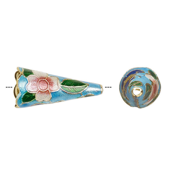 Cone, enamel and gold-finished copper, turquoise blue and multicolored, 22x10mm with butterfly and flower with 8mm inside diameter. Sold per pkg of 4. image number 0