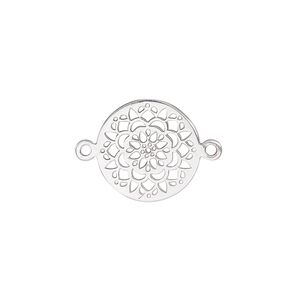 Link, sterling silver, 15mm double-sided round with cutout flower. Sold individually.