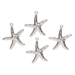 Charm, steel, pkg/4, 20-22mm starfish, silver finish.