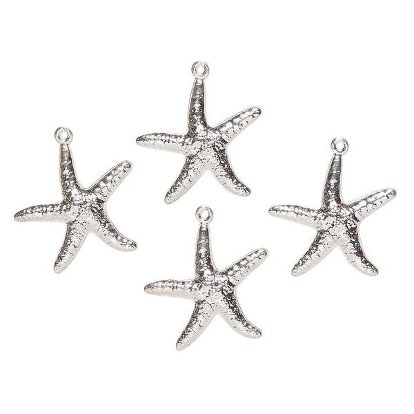 Charm, steel, pkg/4, 20-22mm starfish, silver finish. image number 0